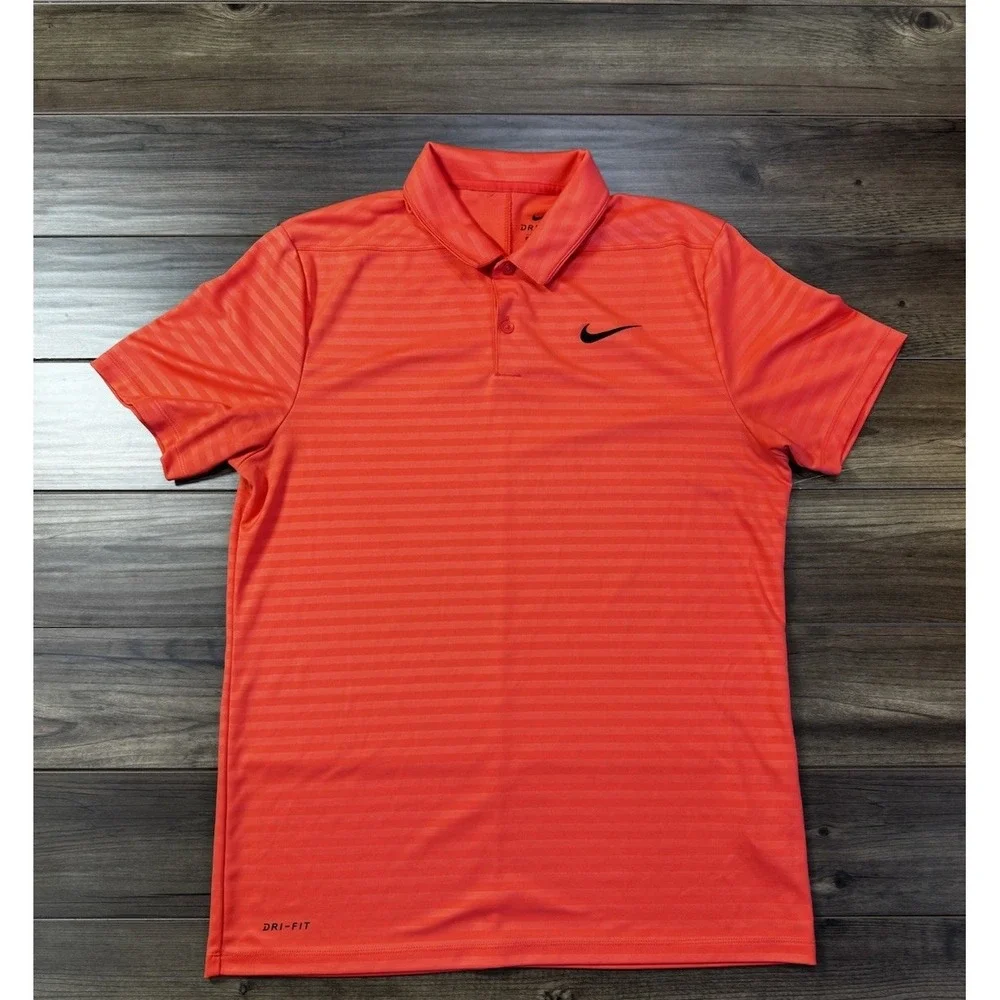 Nike Dri-Fit Essential Mens M Polo Short Sleeve Orange Striped Shirt 929102-816